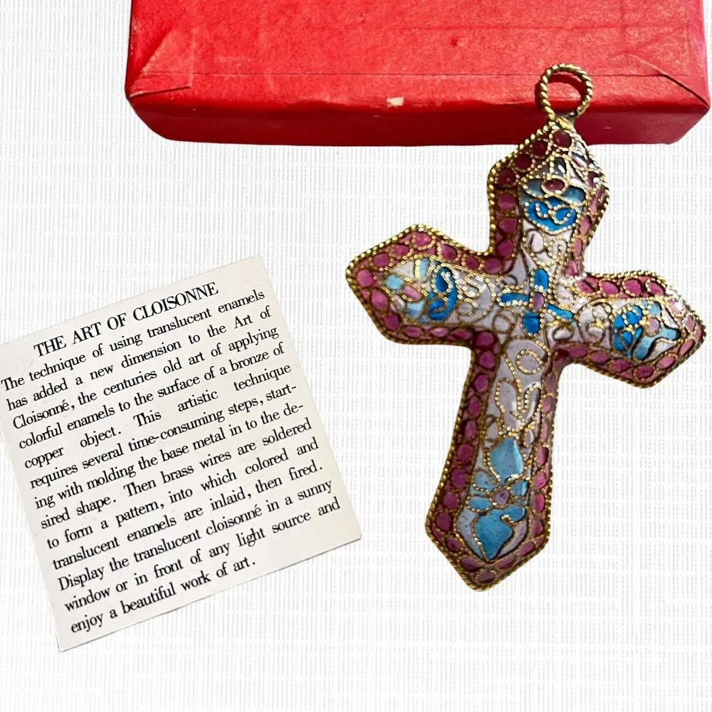 Cloisonne Cross Ornament Filigree Translucent Stained Glass Effect Enamel Floral
